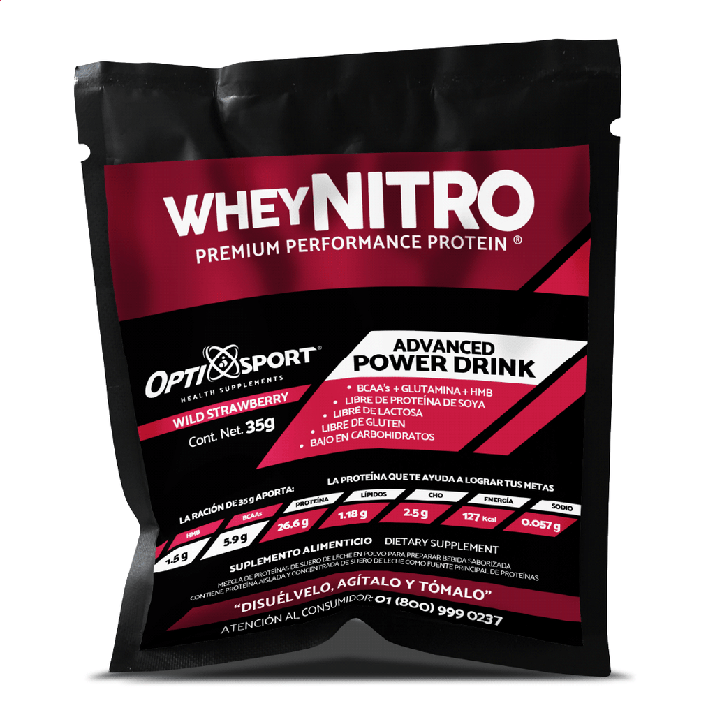 WHEYNITRO Proteína de Suero + HMB + BCAAs | 12 sobres de 35g | Sabor Fresa